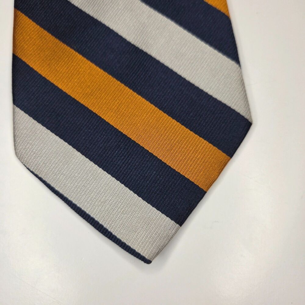 Roundtree & York Navy Gold Silver Striped 100% Silk REPP Tie